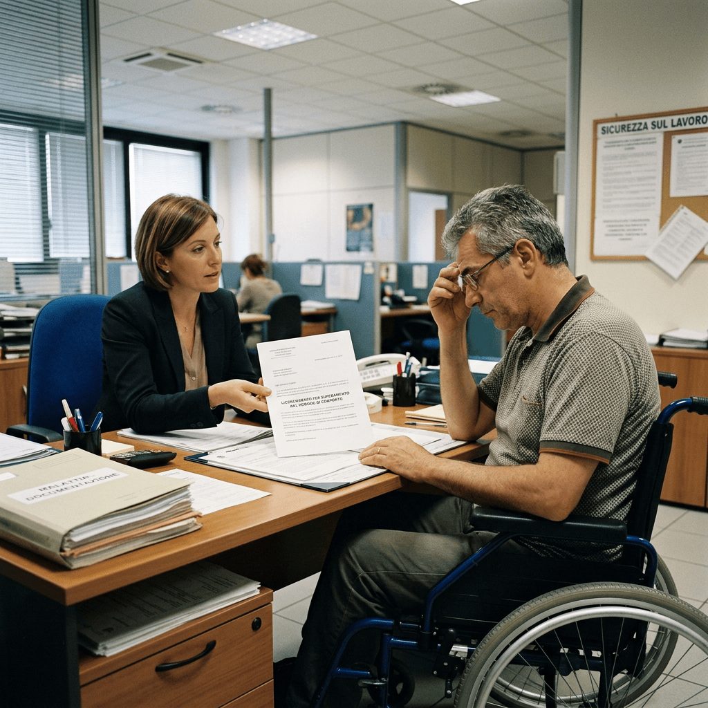 Advisor and wheelchair user reviewing Italian workplace safety documents; sign reads “SICUREZZA SUL LAVORO.”