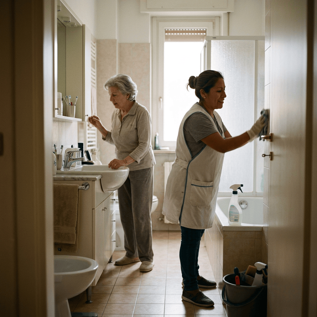 Caregiver cleaning a bathroom while an older woman uses the sink