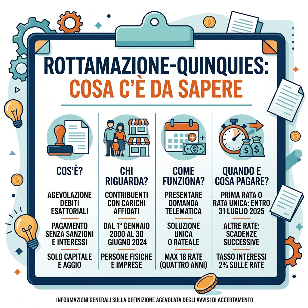 Infografica con il titolo "ROTTAMAZIONE-QUINQUIES: COSA C’È DA SAPERE" e quattro sezioni: "COS’È? AGEVOLAZIONE DEBITI ESATTORIALI PAGAMENTO SENZA SANZIONI E INTERESSI SOLO CAPITALE E AGGIO"; "CHI RIGUARDA? CONTRIBUENTI CON CARICHI AFFIDATI DAL 1° GENNAIO 2000 AL 30 GIUGNO 2024 PERSONE FISICHE E IMPRESE"; "COME FUNZIONA? PRESENTARE DOMANDA TELEMATICA SOLUZIONE UNICA O RATEALE MAX 18 RATE (QUATTRO ANNI)"; "QUANDO E COSA PAGARE? PRIMA RATA O RATA UNICA: ENTRO 31 LUGLIO 2025 ALTRE RATE: SCADENZE SUCCESSIVE TASSO INTERESSI 2% SULLE RATE". In fondo: "INFORMAZIONI GENERALI SULLA DEFINIZIONE AGEVOLATA DEGLI AVVISI DI ACCERTAMENTO".